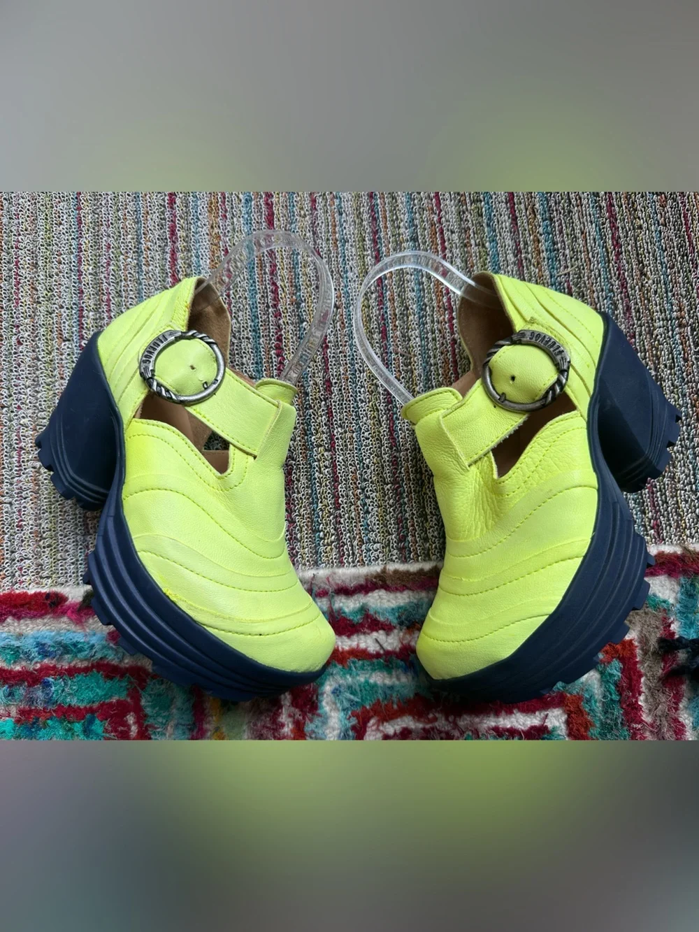 Fluevog EXCELLENT Mellow Bossa Nova neon yellow platform T-strap heel-7 (fit 6.5